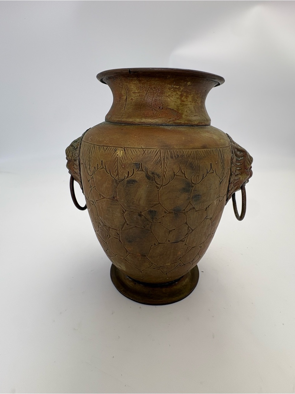 Antique-Style Verdigris Brass Decorative Urn Vase - Lion Handles